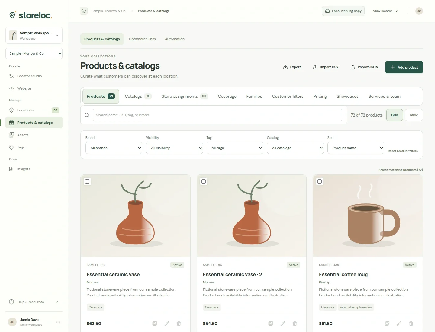 Actual LocatorStudio Products and Catalogs interface with fictional product cards, catalog controls and sample prices.