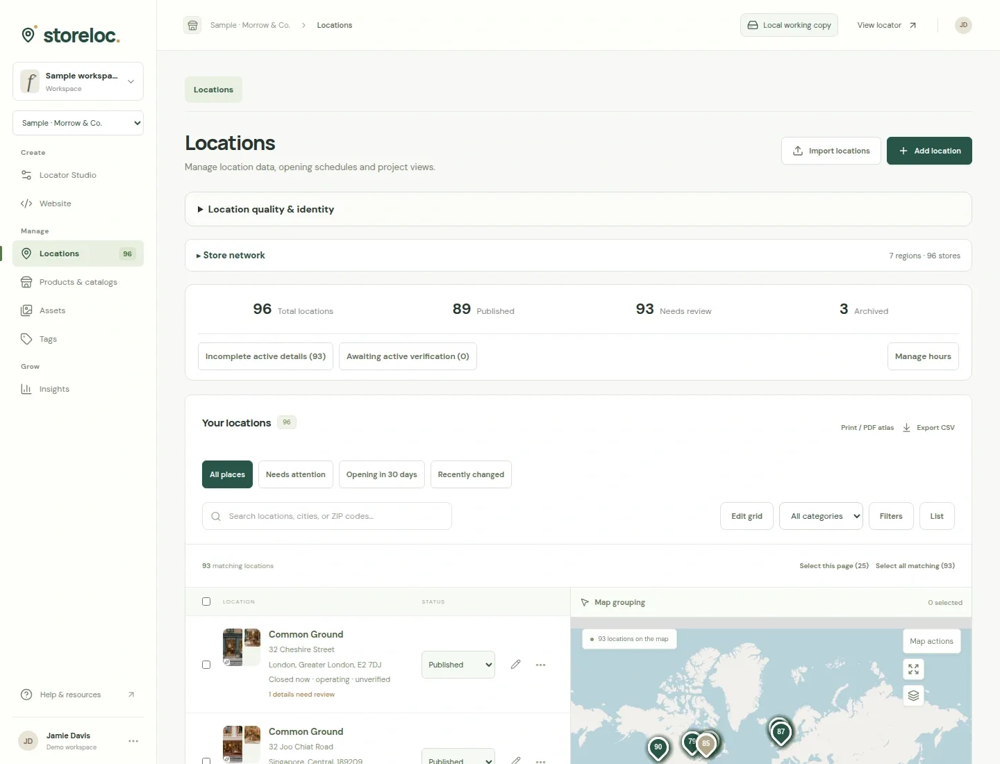 Actual LocatorStudio Locations management with a fictional store network, location photos and map.