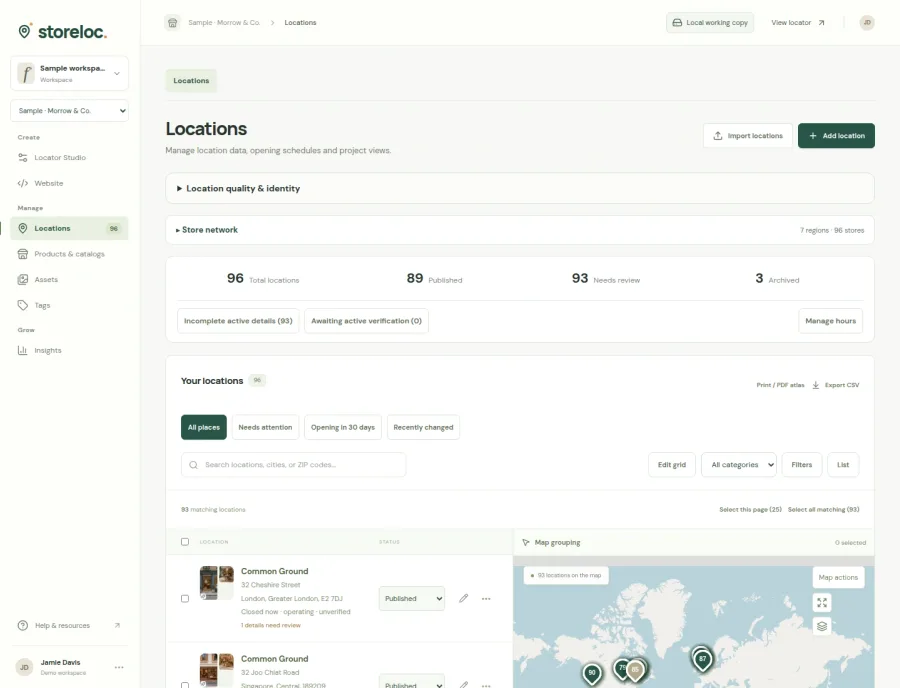 Actual LocatorStudio location-management screen with fictional branch records