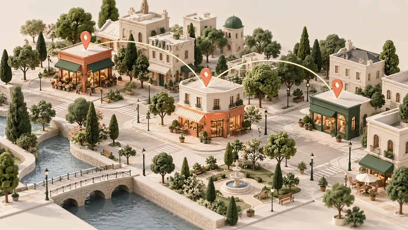 An illustrative miniature neighborhood of independent shops, connected by streets and LocatorStudio map pins.