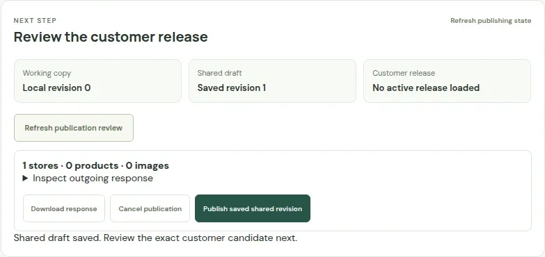 Actual LocatorStudio guided publishing showing local, saved and live revisions with fictional project data