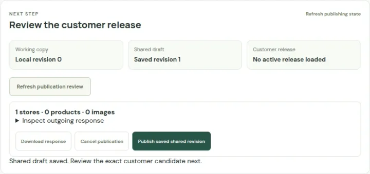 Actual LocatorStudio guided publishing showing local, saved and live revisions with fictional project data