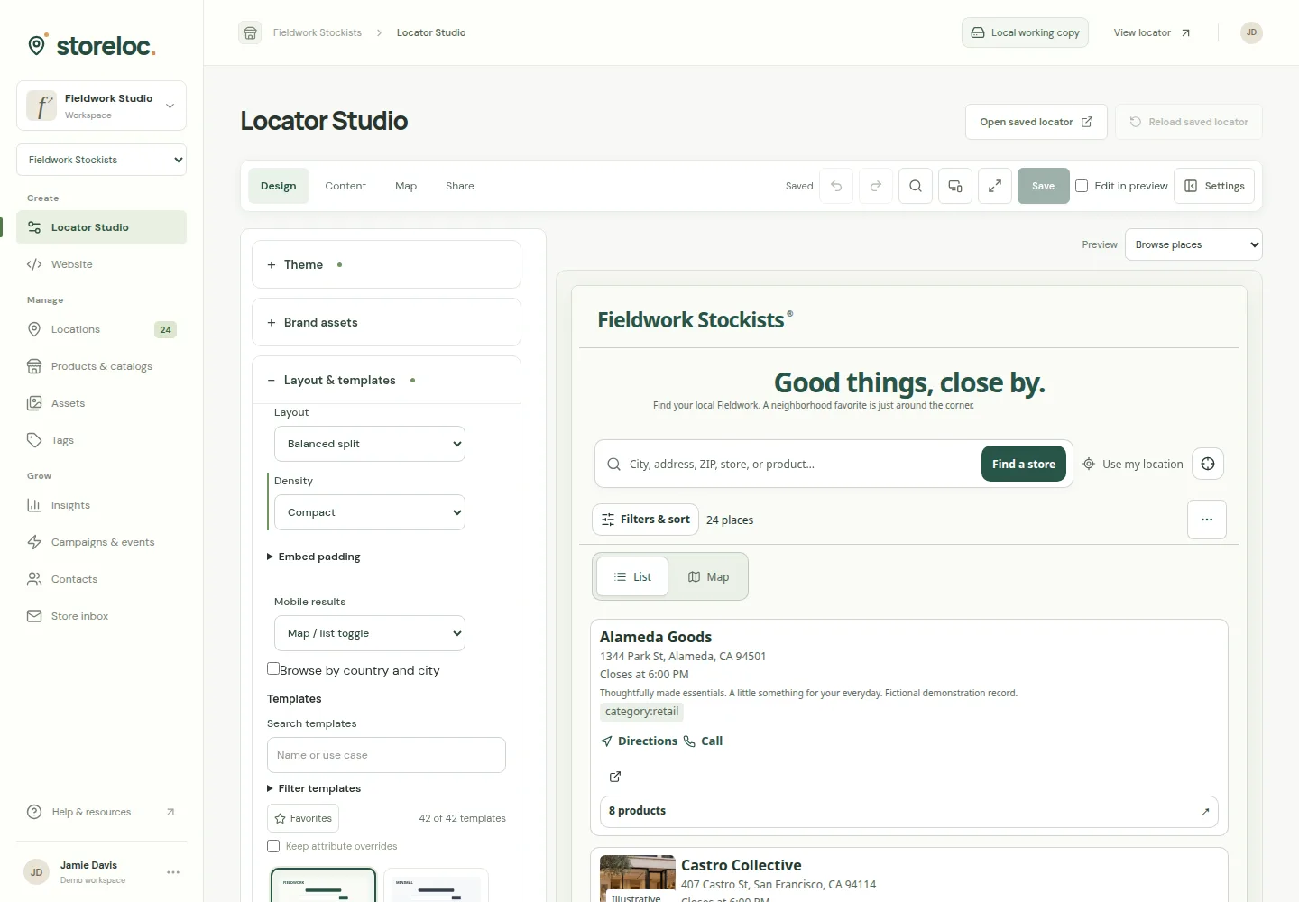Actual Locator Studio, with design controls and a customer preview.