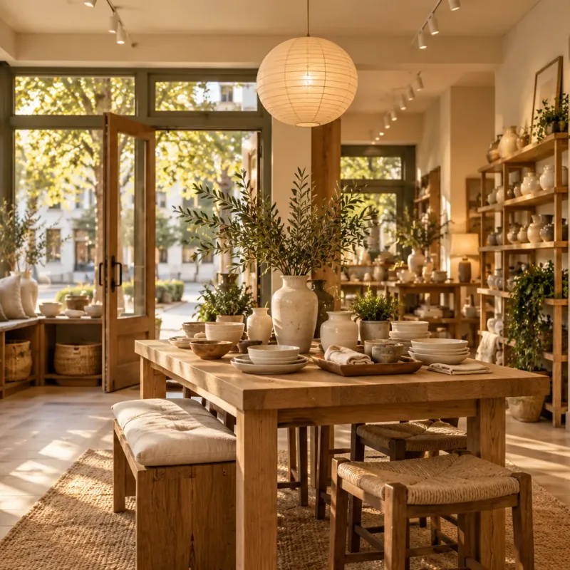 Illustrative boutique interior with natural textures and thoughtful shelving
