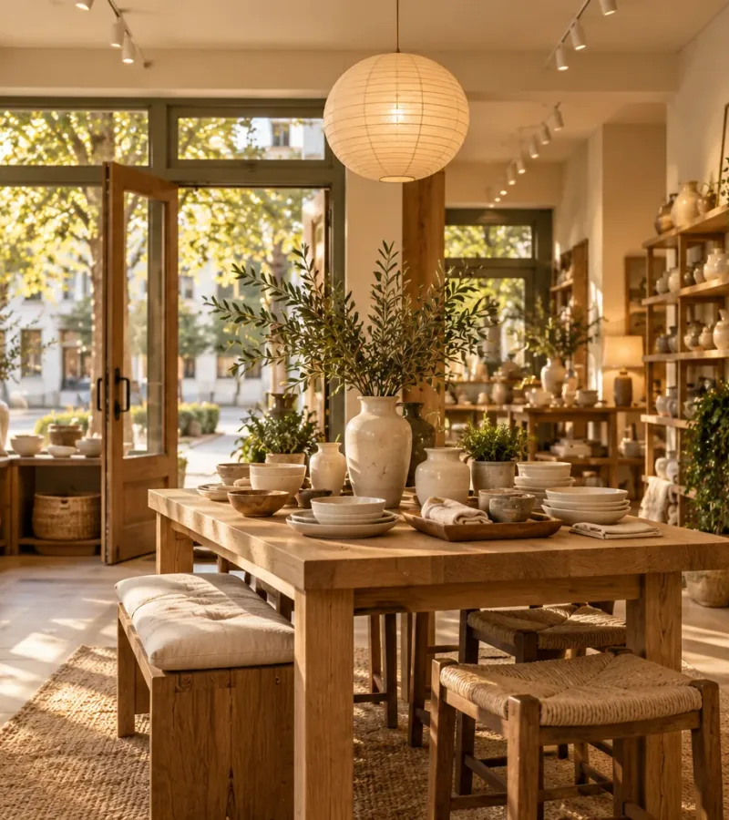 Illustrative warm boutique interior with natural materials and curated products