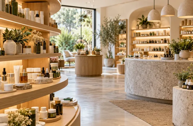 Illustrative beauty and wellness space with calm materials and product shelving