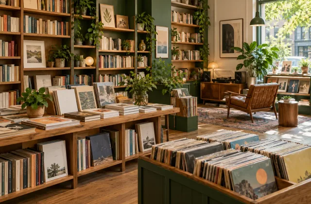 Illustrative independent bookshop and cultural retail space with shelves and reading corners