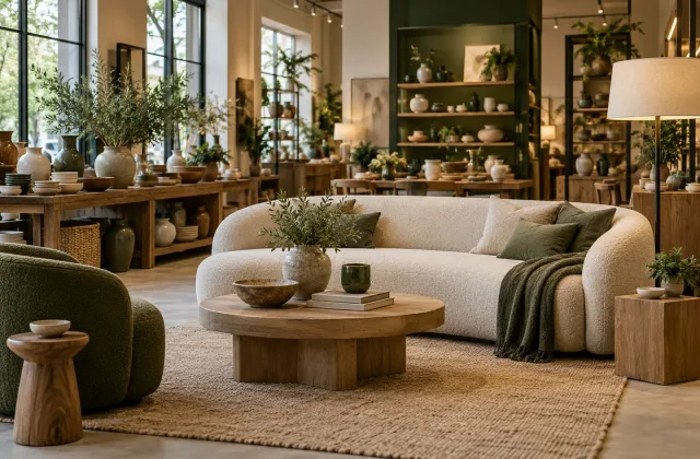 Illustrative home and design showroom with warm textures and considered objects