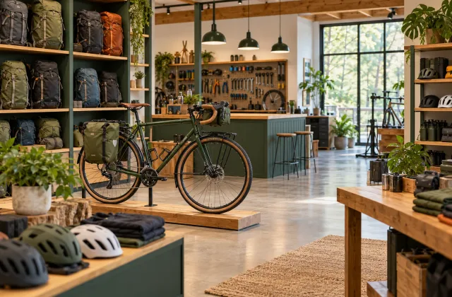 Illustrative cycling and outdoor shop with equipment and a welcoming retail interior