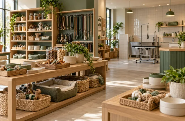 Illustrative pet shop and care space with thoughtfully arranged supplies