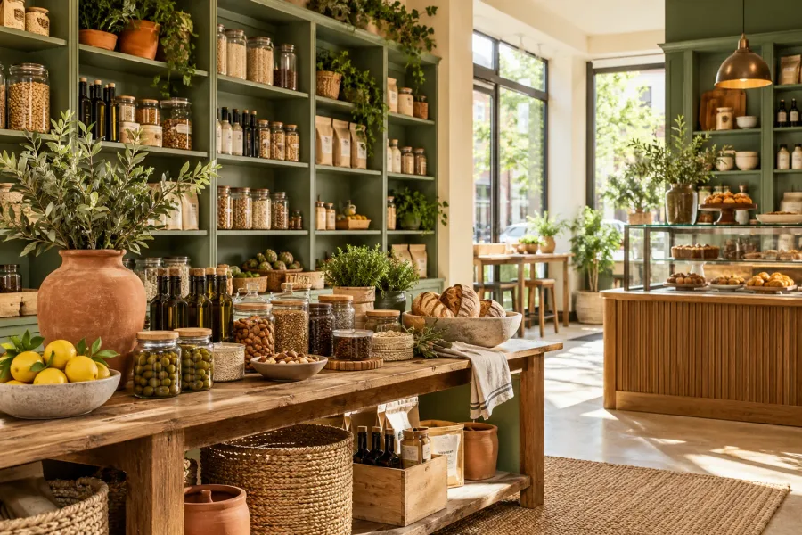 Illustrative specialty shop displaying food and beverage products