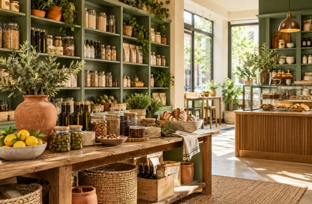 Illustrative specialty food shop with a considered display of pantry goods